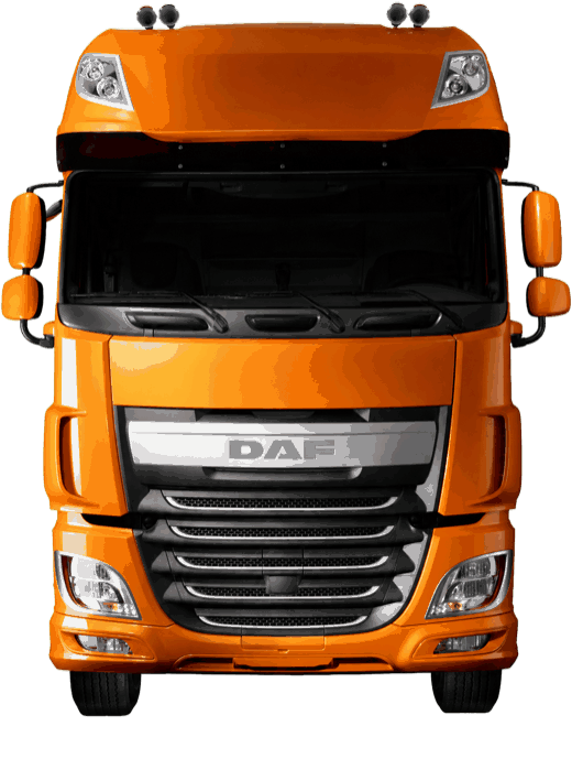 The front of an orange freight truck